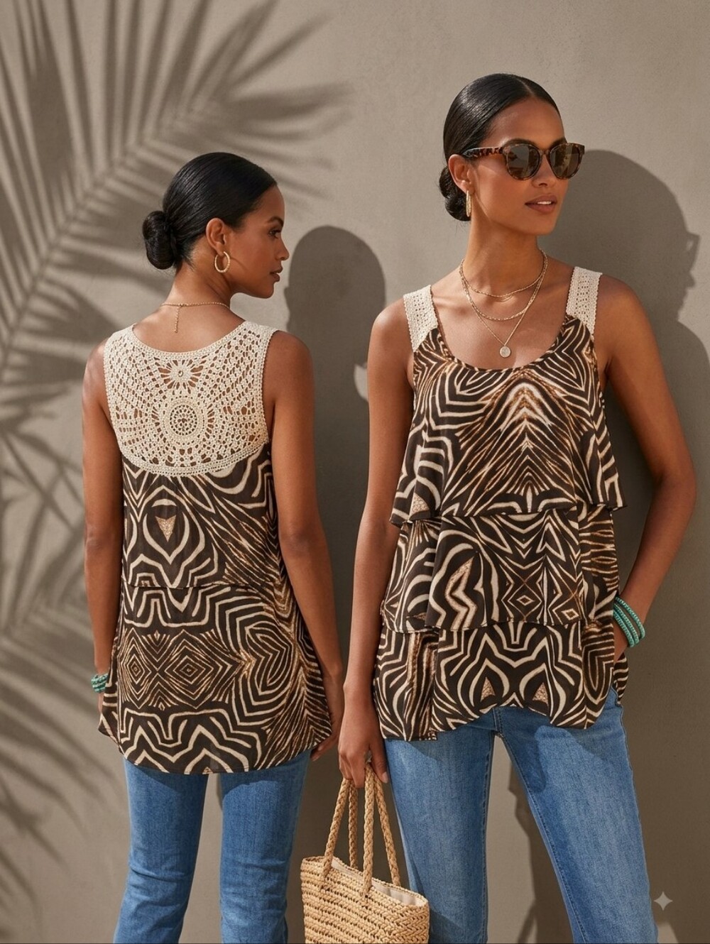 Madison Crochet Yoke Zebra Print Layered Tank Top Medium